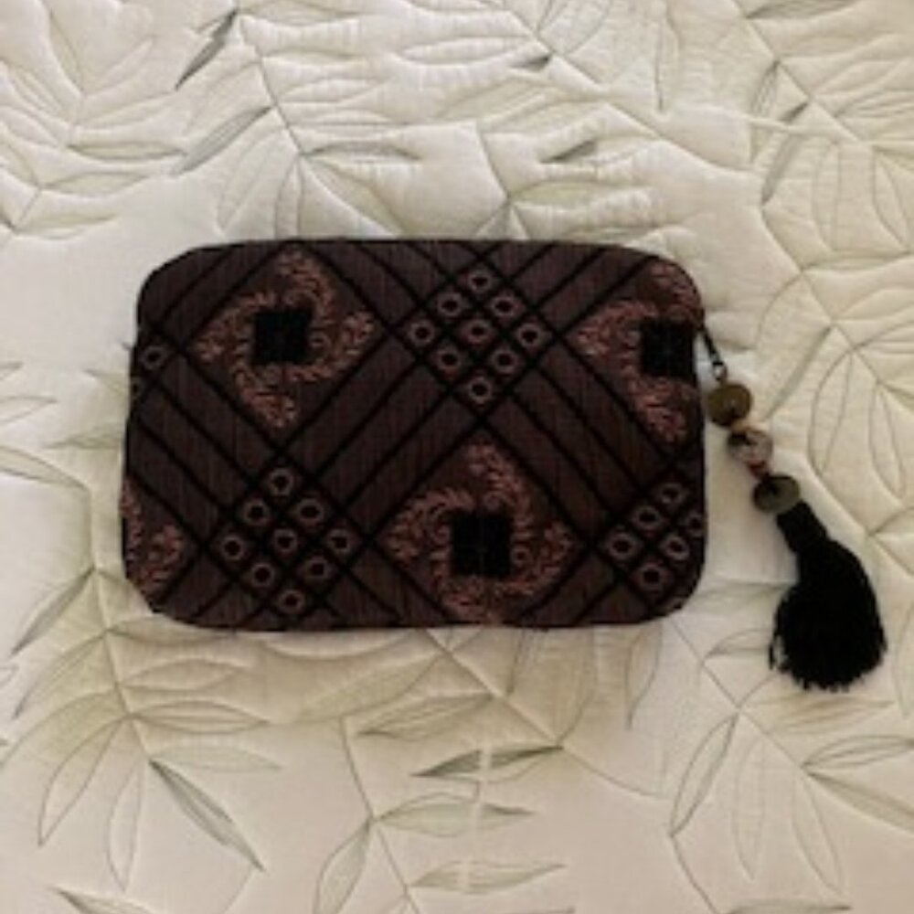 Chico's Brocade Fabric Accessories Bag Black/Brown Color Scheme